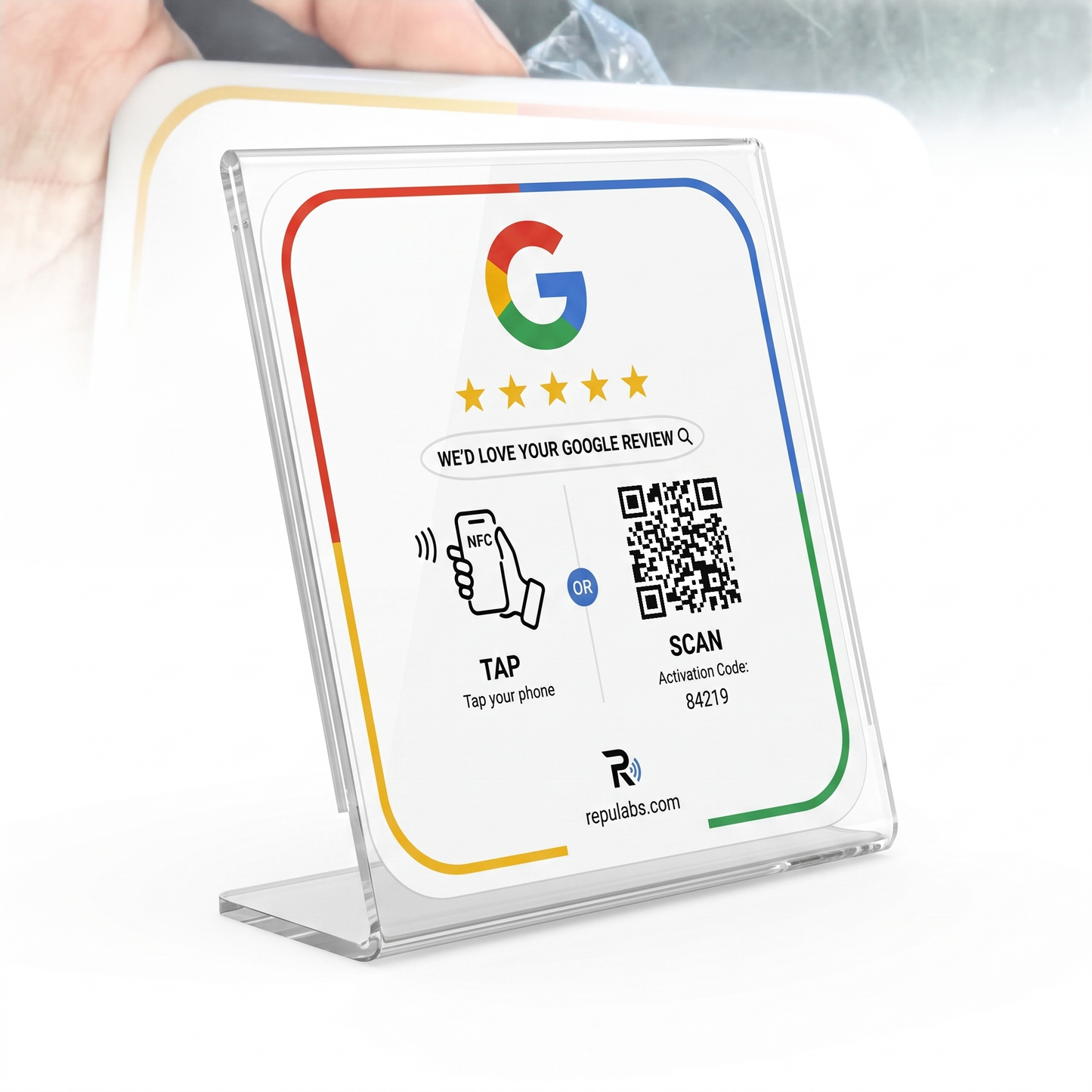 RepuLabs Review Stand — Countertop Tap & Scan Display