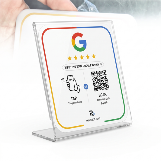RepuLabs Review Stand — Countertop Tap & Scan Display